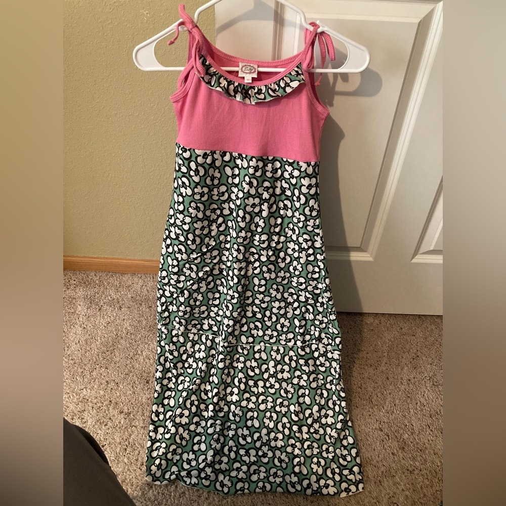 Little Lovebird Pink and Green Patterned Kids Dress with dress for your doll.